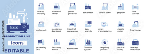 Editable vector icons for production lines and factory workflows. Clean line art style for industrial and automation visuals.
