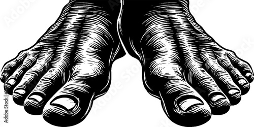 Artistic black and white illustration of feet gently touching at toes