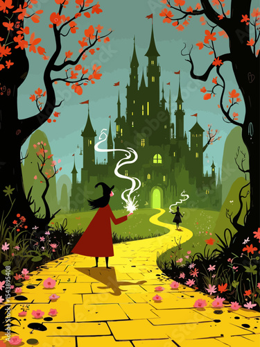Enchanted yellow brick road leading to magical emerald city in springtime , Fantasy 