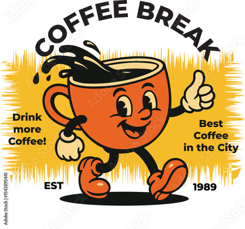 Retro Coffee Cup Mascot – Coffee Break Vector Illustration