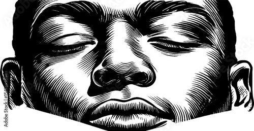 Tranquil expression of a peaceful face with closed eyes in black and white design