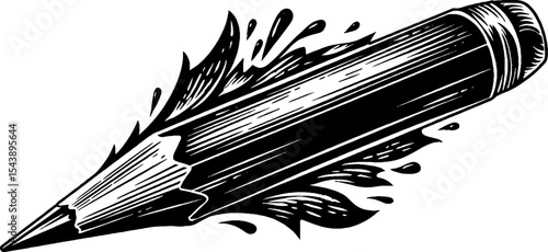 Artistic drawing pencil with curling wood shavings on black background