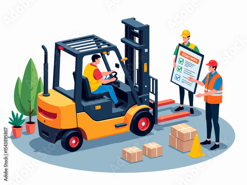 Forklift operator training session with instructor guiding license examination process in a warehouse safety environment isometric isolated