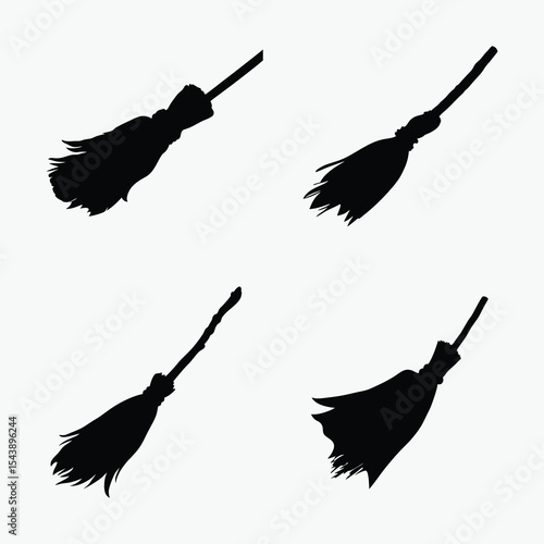 Witch broomsticks silhouette, Halloween flying tools, black and white vector,