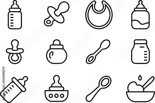 Collection of baby related icons including bottles pacifiers bibs and spoons