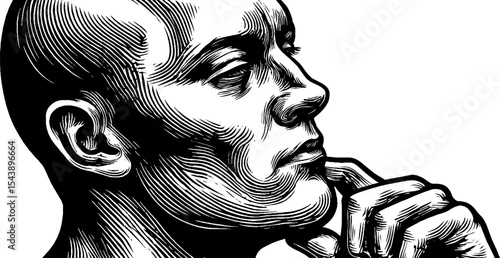 Contemplative bald head portrait in black and white, deep thought concept