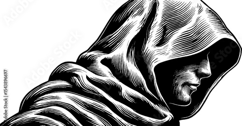Mysterious hooded figure in cloak profile - black and white art design