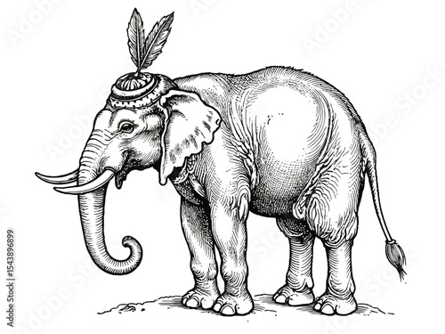 elephant Wearing jewelry and feathers on his head Old vintage