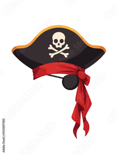 Pirate hat with skull and crossbones symbol and red trim for costume and adventure themes