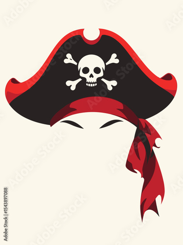 Pirate hat with skull and crossbones symbol and red trim for costume and adventure themes