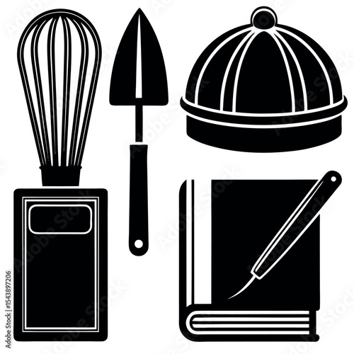 Baking utensils and cookbook icons isolated on white background