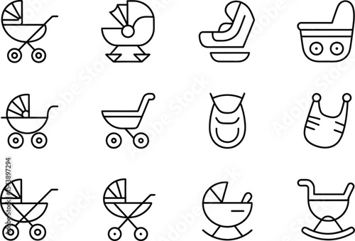 Various baby items in line art style including strollers car seats and bibs