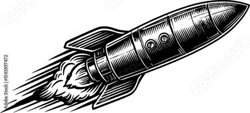 Rocket ship blasting off in black and white woodcut style for design and decoration