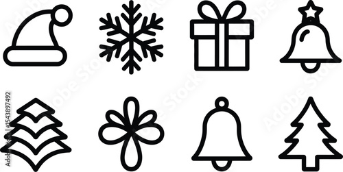 A festive collection of christmas themed icons in black and white outline