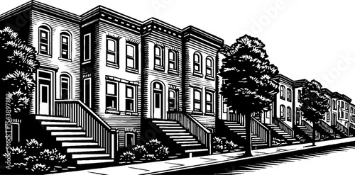 Architectural row of townhouses with stairs in black and white design for urban aesthetic