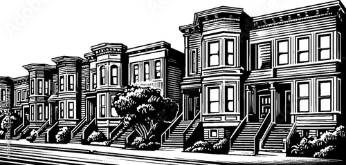Elegant black and white illustration of townhouses with stairs for architectural design
