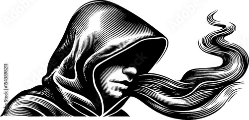 Mysterious hooded figure in smoke - black and white art for creative design