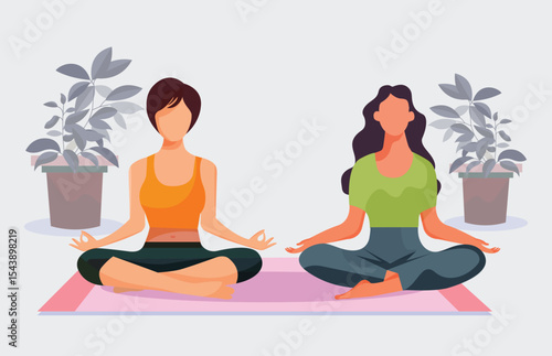 two young woman with a beautiful toned body is doing yoga.