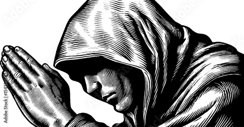 Contemplative hooded monk in prayer black and white art design