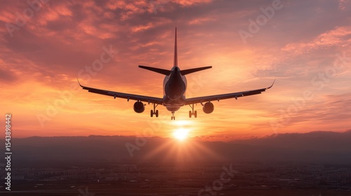A stunning view of an airplane flying through a vibrant sunset, with the silhouette of a bustling city skyline in the background creating a captivating travel scene.