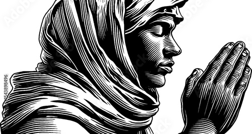 Monastic devotion: hooded monk praying in black and white engraving style