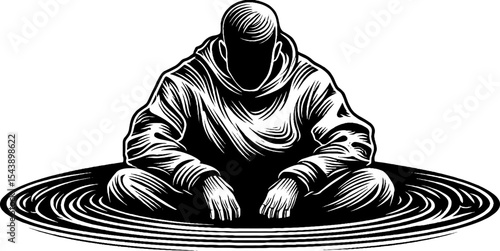 Silhouetted figure in reflection - contemplative scene in black and white art