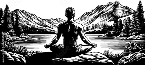 Tranquil meditation by a lakeside with mountain view for mindfulness and relaxation art