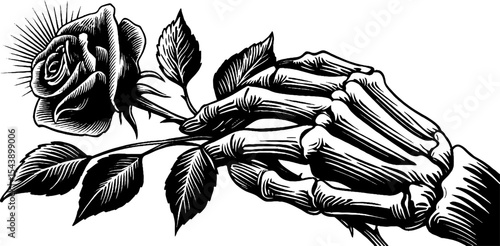 Gothic skeleton hand holding rose with starburst design for tattoo or poster art