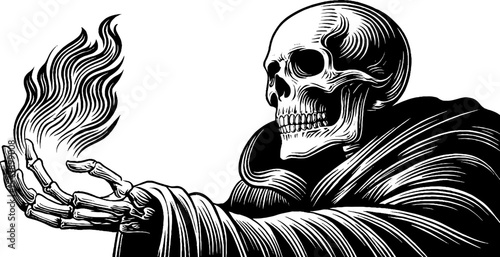 Eerie skeletal ghost with flickering flame in dark robes for halloween decor or fantasy design