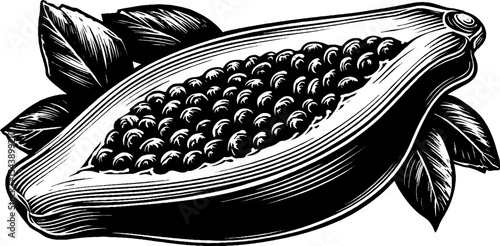 Artistic black and white papaya slice with seeds illustration