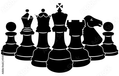 Chess pieces lined up in order of importance with the king at the front isolated on a tranpsarent background