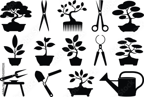 Silhouette illustration of bonsai trees and gardening tools on white background