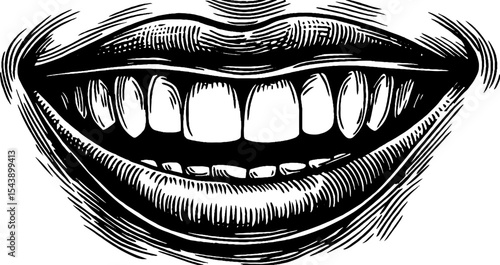 Smiling mouth with closed eyes above in black and white for retro artwork design