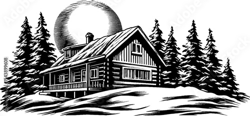 Serene winter scene of snow covered cabin in pine woods