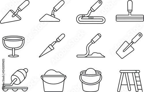 Outline illustrations of construction tools and equipment on white background