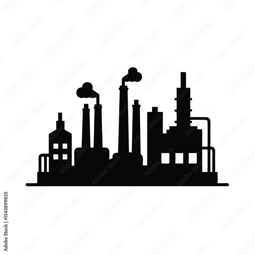 Fototapeta premium Cityscape factory silhouette vector illustration with industrial buildings and urban sky