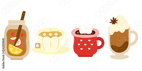 set of seasonal drinks with apple cider, chamomile tea, chocolate marshmallow and latte