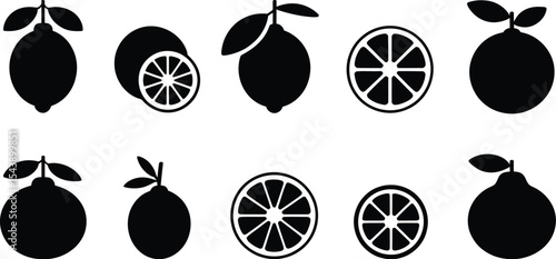 A set of black and white vector icons of various citrus fruits and slices