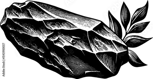 Ancient stone amulet with carved glyphs and leaves in black and white design