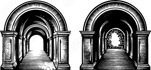 Mysterious stone corridor with glowing gate for vintage design