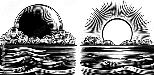 Celestial harmony with sun and moon reflected in ocean waves