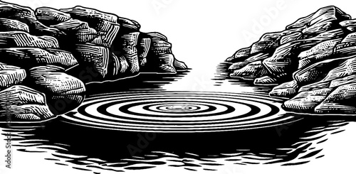 Black and white tide pool ripples between rocky cliffs design for nature art