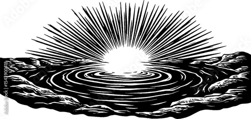 Black and white tide pool with ripples and sunburst design for nature art