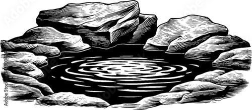 Black and white tide pool with ripples and rocks for nature and design themes