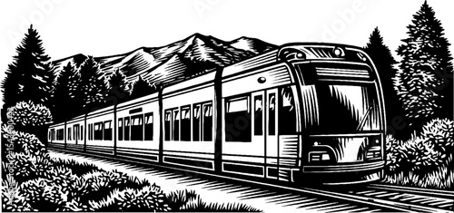 Black and white tram on scenic city tracks amidst mountains and trees