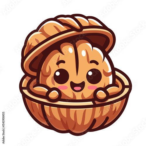 Vector image of a cute smiling walnut character sitting in a nut shell with playful expression on transparent background for healthy lifestyle content, wellness blogs, and social media posts