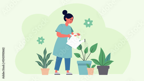 Woman caring for houseplants while watering them with a watering can in a light green setting