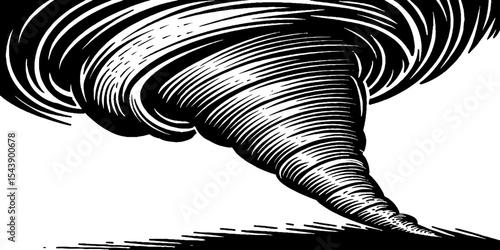 Monochrome tornado illustration in open field for natural disaster themes