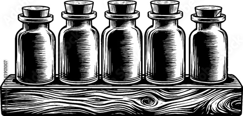 Rustic wooden spice rack with vintage glass jars in black and white design
