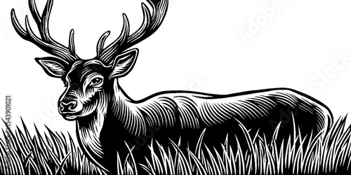 Young deer resting in spring meadow with elegant black and white woodcut design